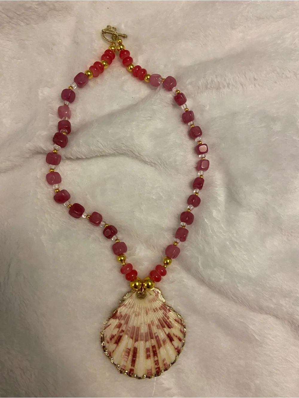 Handmade Pink Shell Pendant Necklace with Gold Accents
